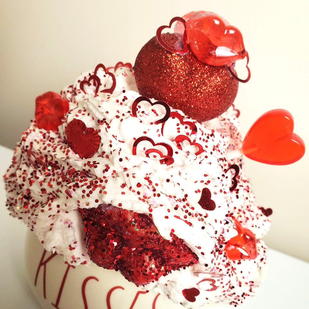 KISSES Valentine Fake Bake Mug Decor | Glam Valentine Coffee Bar Decor | Faux Whipped Cream Mug | Romantic Tiered Tray Decor | One of a Kind