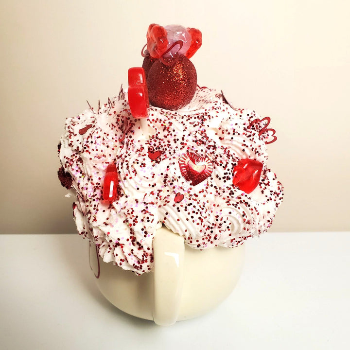 KISSES Valentine Fake Bake Mug Decor | Glam Valentine Coffee Bar Decor | Faux Whipped Cream Mug | Romantic Tiered Tray Decor | One of a Kind