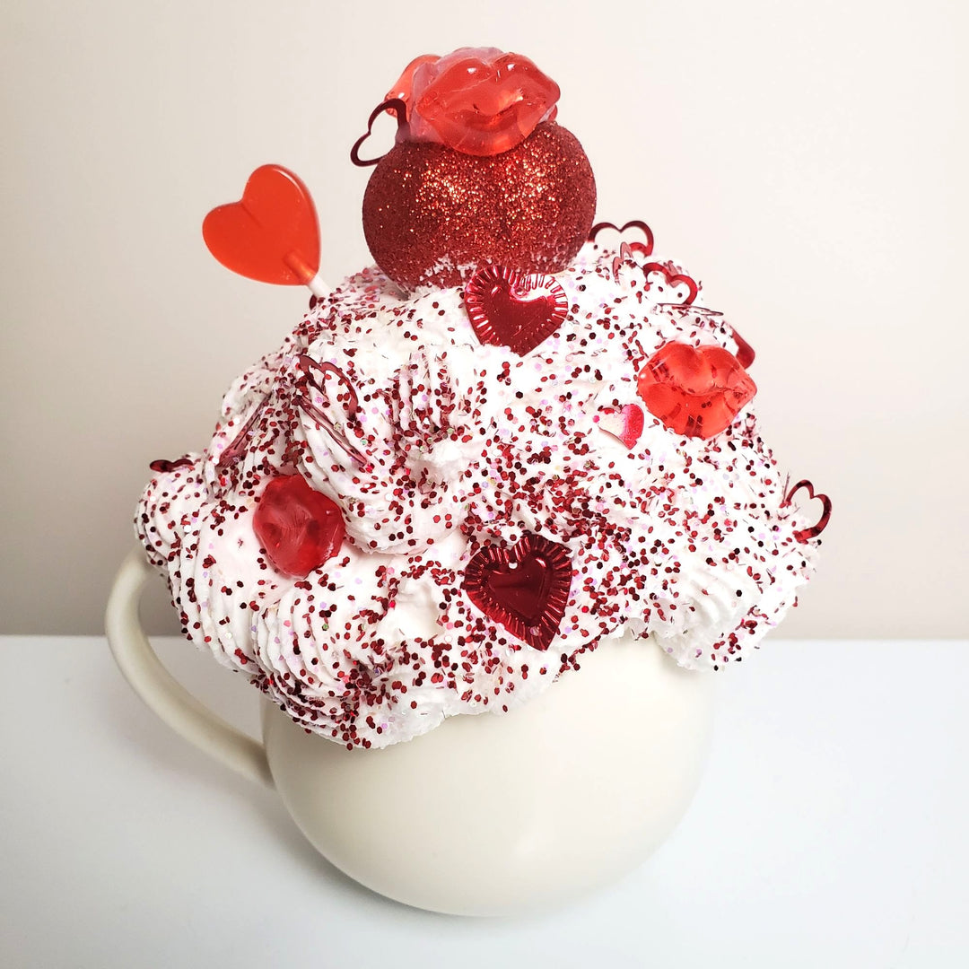 KISSES Valentine Fake Bake Mug Decor | Glam Valentine Coffee Bar Decor | Faux Whipped Cream Mug | Romantic Tiered Tray Decor | One of a Kind