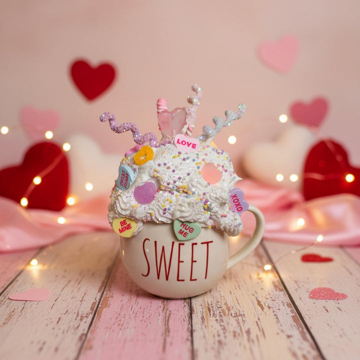 SWEET Valentine Fake Bake Mug Decor | Candy Heart Mug | Faux Whipped Cream Coffee Bar Decor | Tiered Tray Display | Whimsical Handmade Gift