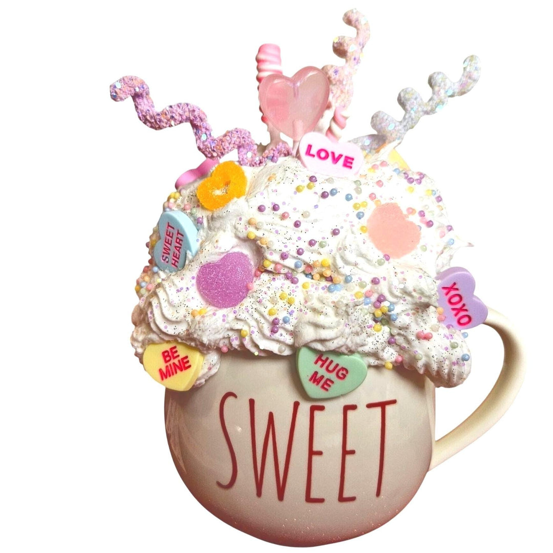 SWEET Valentine Fake Bake Mug Decor | Candy Heart Mug | Faux Whipped Cream Coffee Bar Decor | Tiered Tray Display | Whimsical Handmade Gift