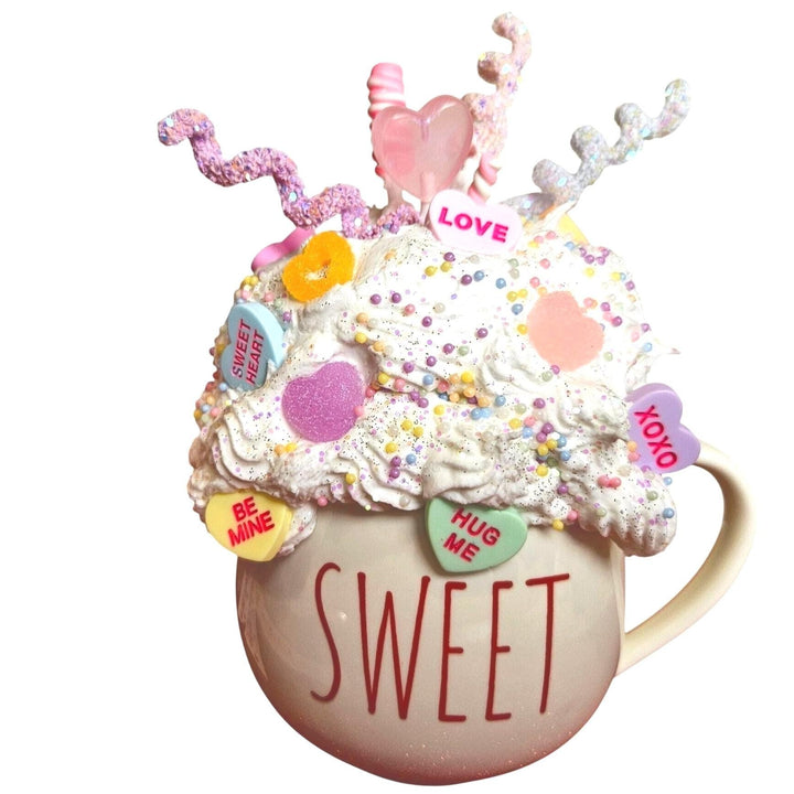 SWEET Valentine Fake Bake Mug Decor | Candy Heart Mug | Faux Whipped Cream Coffee Bar Decor | Tiered Tray Display | Whimsical Handmade Gift
