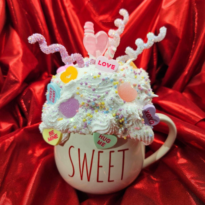 SWEET Valentine Fake Bake Mug Decor | Candy Heart Mug | Faux Whipped Cream Coffee Bar Decor | Tiered Tray Display | Whimsical Handmade Gift