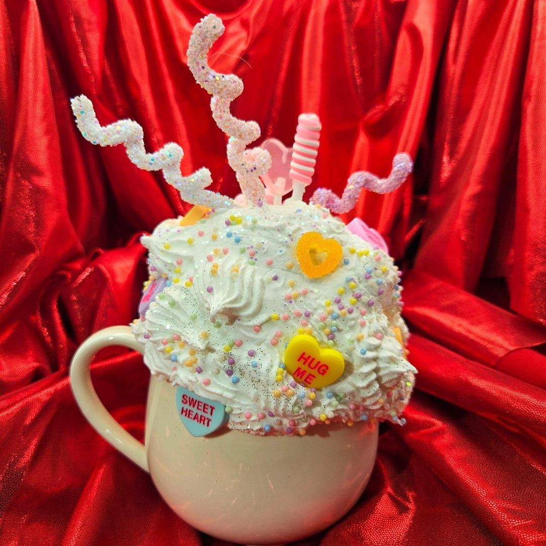 SWEET Valentine Fake Bake Mug Decor | Candy Heart Mug | Faux Whipped Cream Coffee Bar Decor | Tiered Tray Display | Whimsical Handmade Gift