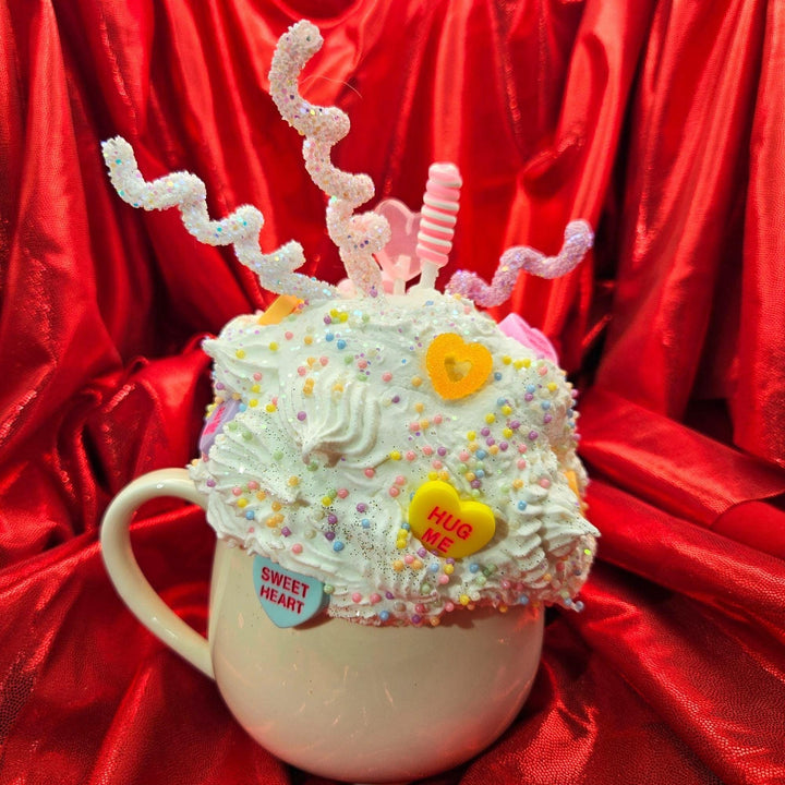 SWEET Valentine Fake Bake Mug Decor | Candy Heart Mug | Faux Whipped Cream Coffee Bar Decor | Tiered Tray Display | Whimsical Handmade Gift