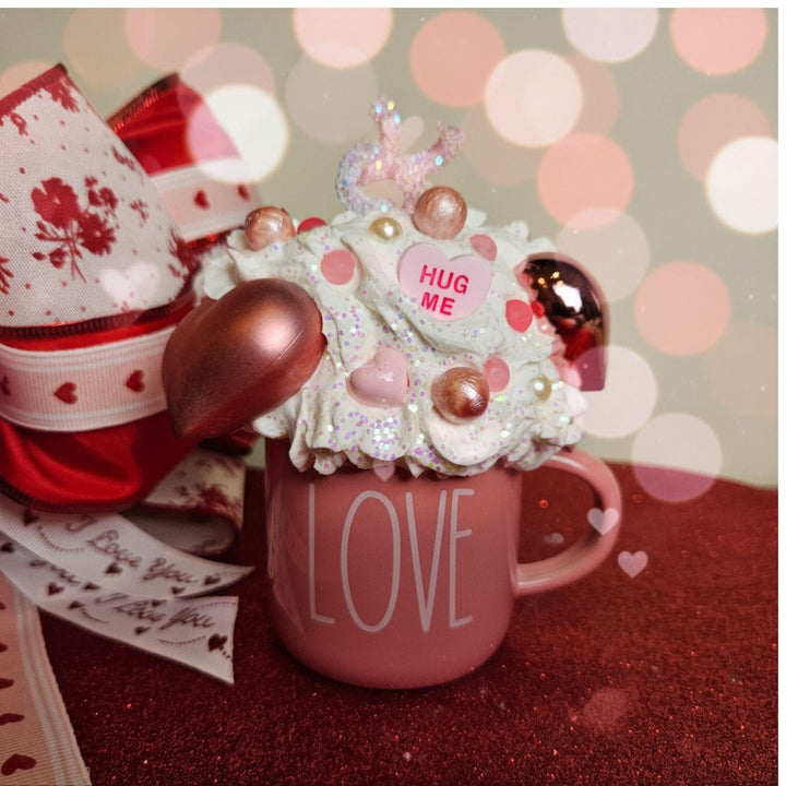 LOVE Valentine Fake Bake Mug Decor  Romantic Coffee Bar Decor  Faux Whipped Cream Mug | Pink Valentine Tiered Tray Decor  One of a Kind Gift