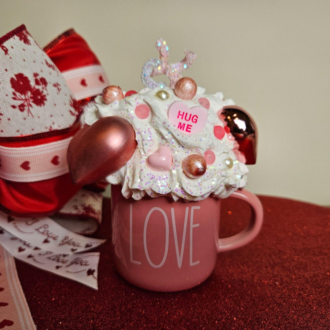 LOVE Valentine Fake Bake Mug Decor  Romantic Coffee Bar Decor  Faux Whipped Cream Mug | Pink Valentine Tiered Tray Decor  One of a Kind Gift
