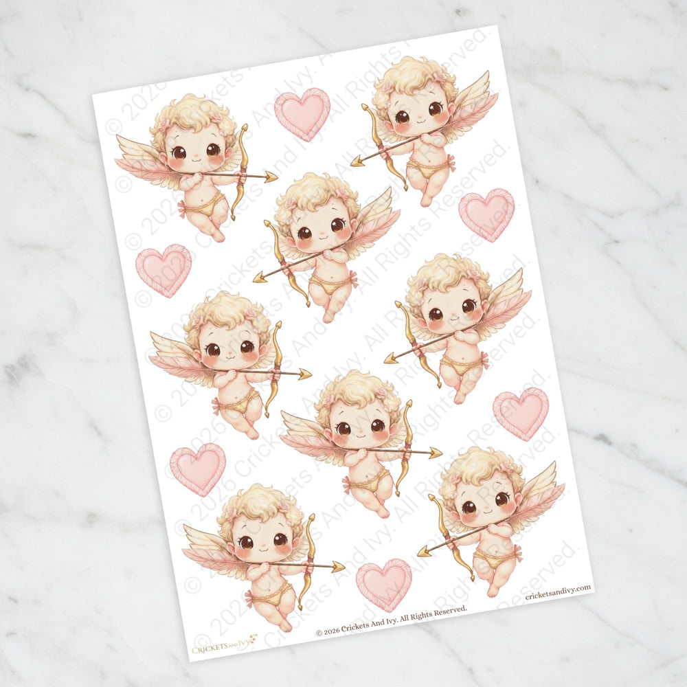 Sheet of cute cartoon Cupid stickers with hearts on a white background