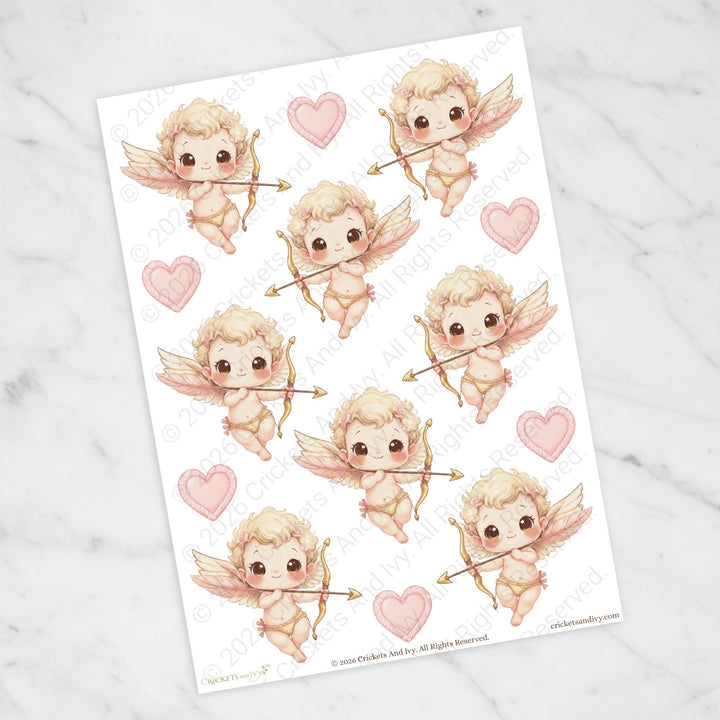 Sheet of cute cartoon Cupid stickers with hearts on a white background