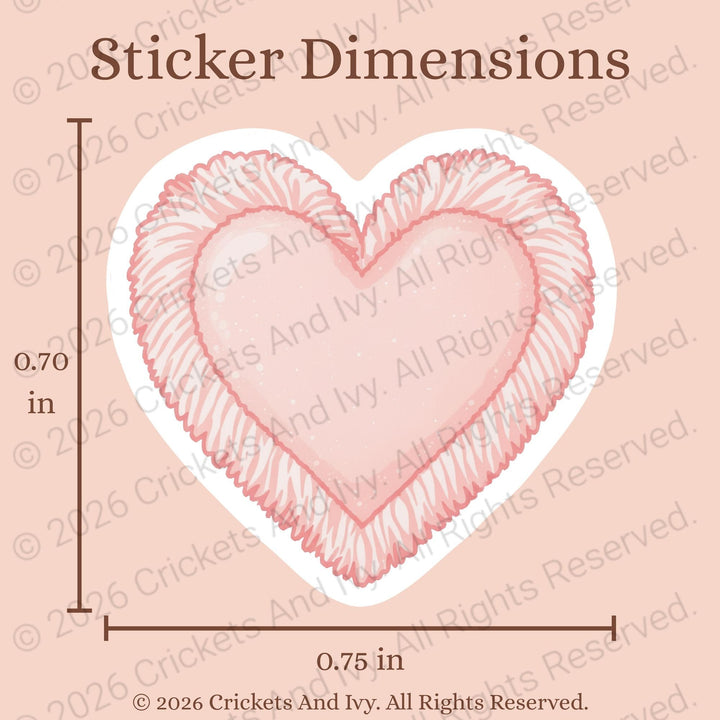 Heart-shaped sticker with dimensions on a pink background