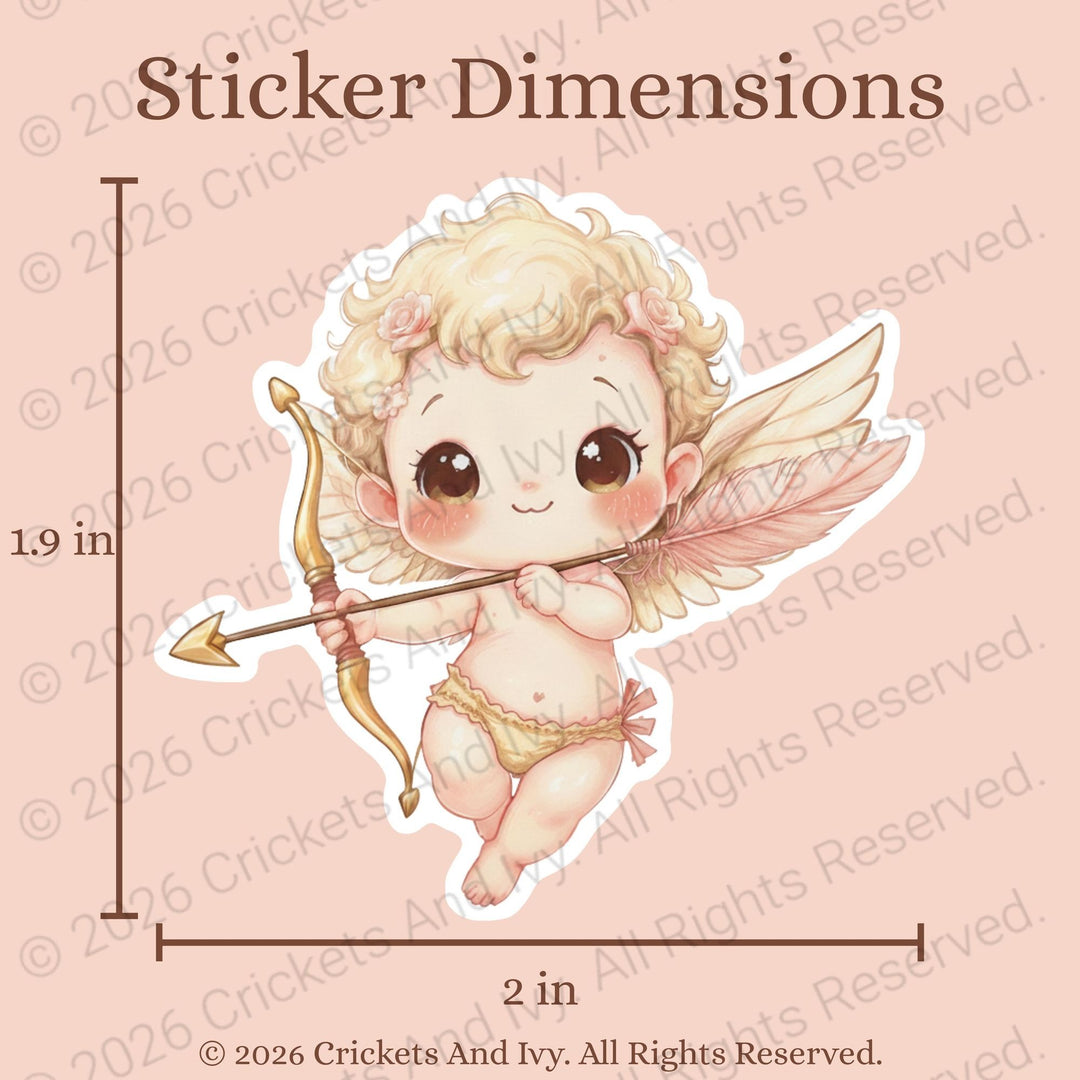 Cute cartoon cupid sticker with dimensions on a pink background
