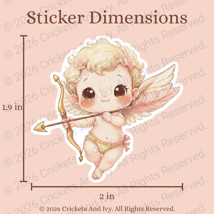 Cute cartoon cupid sticker with dimensions on a pink background