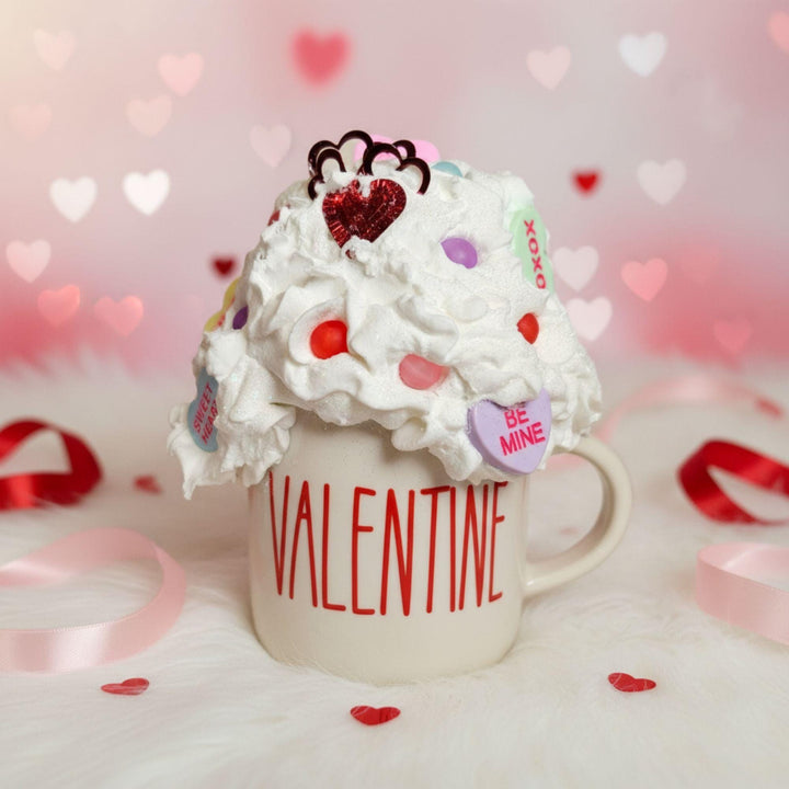 Valentine Fake Bake Mug Decor | Candy Heart Mug  Faux Whipped Cream Valentine Decor  Tiered Tray Coffee Bar Display | Handmade Romantic Gift