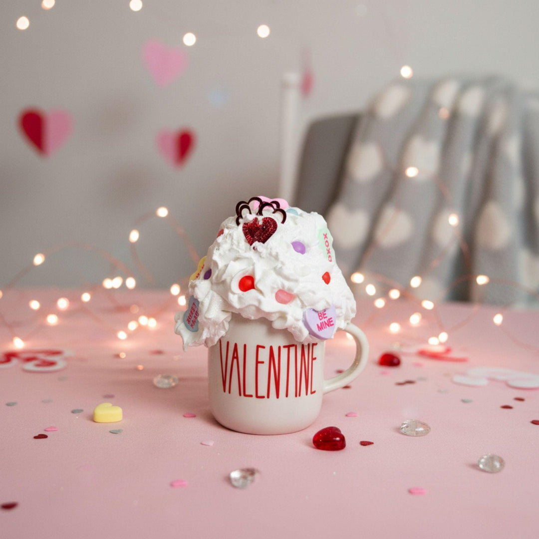 Valentine Fake Bake Mug Decor | Candy Heart Mug  Faux Whipped Cream Valentine Decor  Tiered Tray Coffee Bar Display | Handmade Romantic Gift