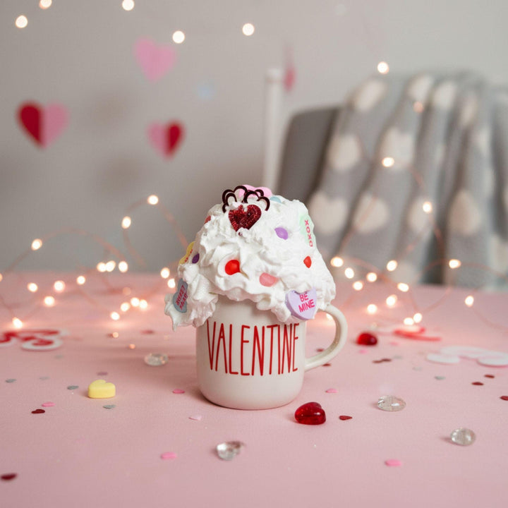 Valentine Fake Bake Mug Decor | Candy Heart Mug  Faux Whipped Cream Valentine Decor  Tiered Tray Coffee Bar Display | Handmade Romantic Gift