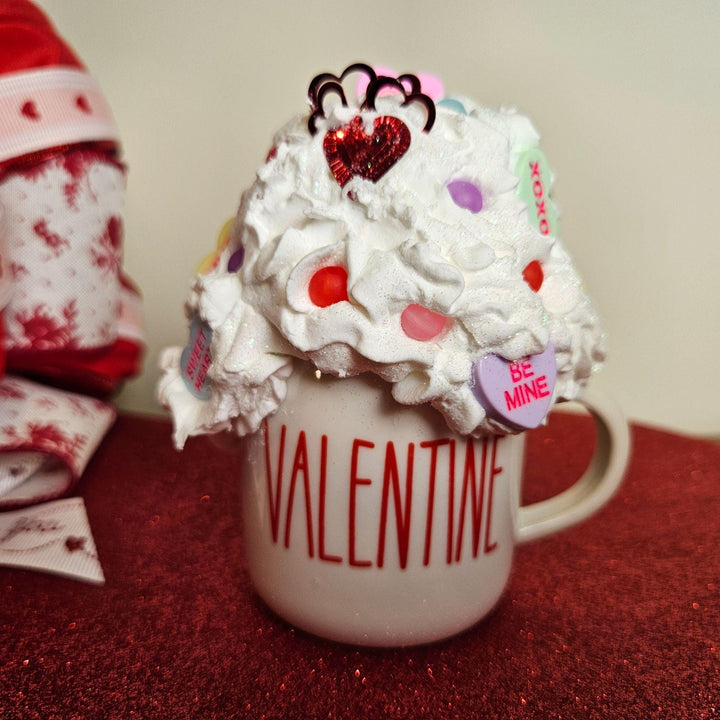 Valentine Fake Bake Mug Decor | Candy Heart Mug  Faux Whipped Cream Valentine Decor  Tiered Tray Coffee Bar Display | Handmade Romantic Gift