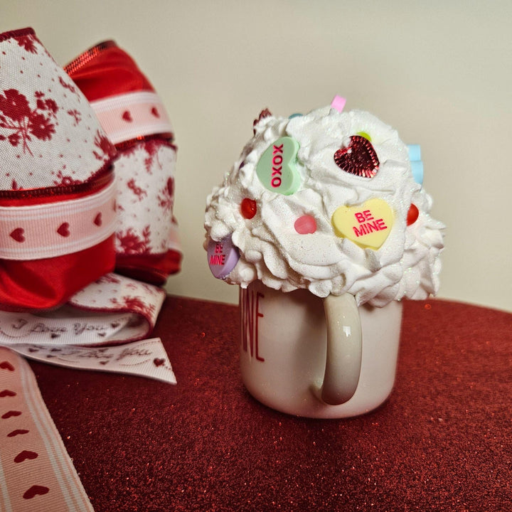 Valentine Fake Bake Mug Decor | Candy Heart Mug  Faux Whipped Cream Valentine Decor  Tiered Tray Coffee Bar Display | Handmade Romantic Gift