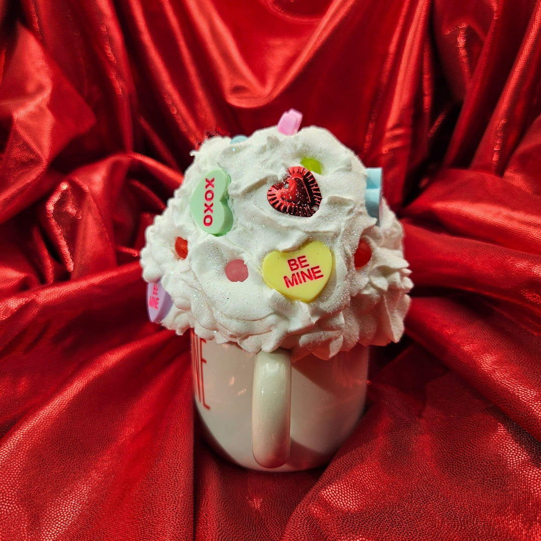 Valentine Fake Bake Mug Decor | Candy Heart Mug  Faux Whipped Cream Valentine Decor  Tiered Tray Coffee Bar Display | Handmade Romantic Gift