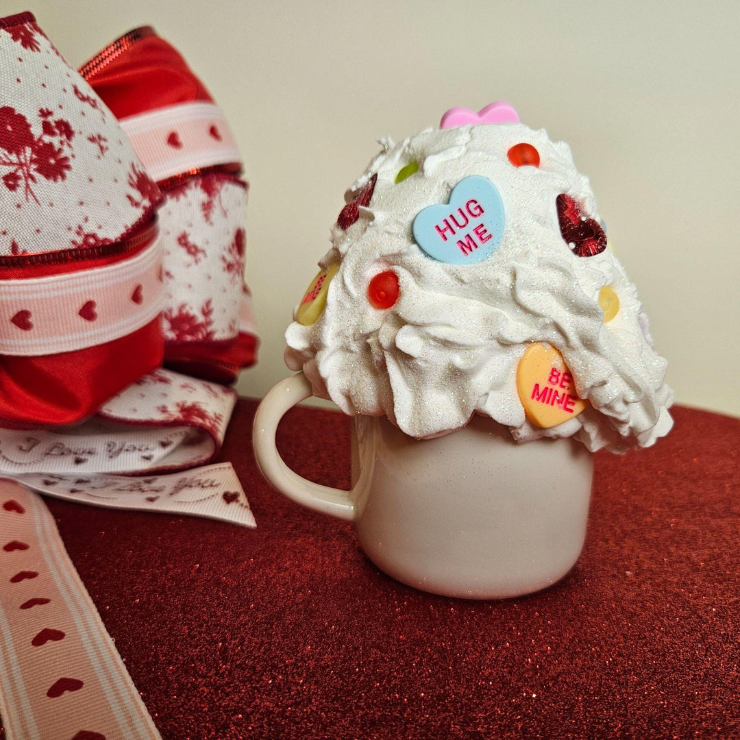 Valentine Fake Bake Mug Decor | Candy Heart Mug  Faux Whipped Cream Valentine Decor  Tiered Tray Coffee Bar Display | Handmade Romantic Gift