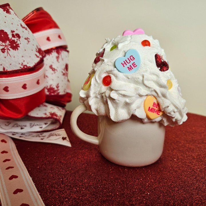 Valentine Fake Bake Mug Decor | Candy Heart Mug  Faux Whipped Cream Valentine Decor  Tiered Tray Coffee Bar Display | Handmade Romantic Gift