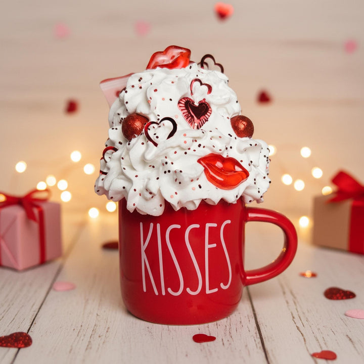 KISSES Valentine Fake Bake Mug Decor | Faux Whipped Cream Mug | Coffee Bar Decor | Tiered Tray Valentine Display | One of a Kind Gift
