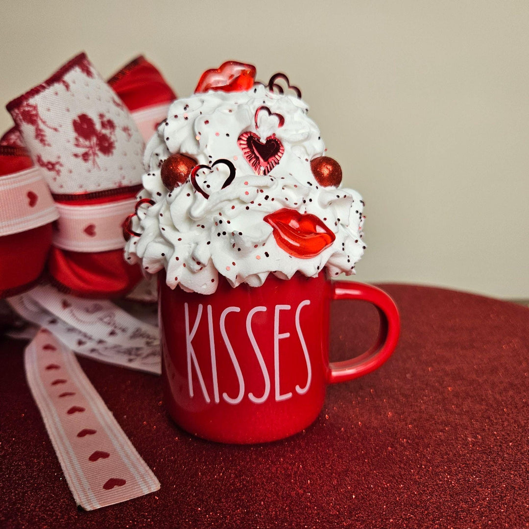 KISSES Valentine Fake Bake Mug Decor | Faux Whipped Cream Mug | Coffee Bar Decor | Tiered Tray Valentine Display | One of a Kind Gift
