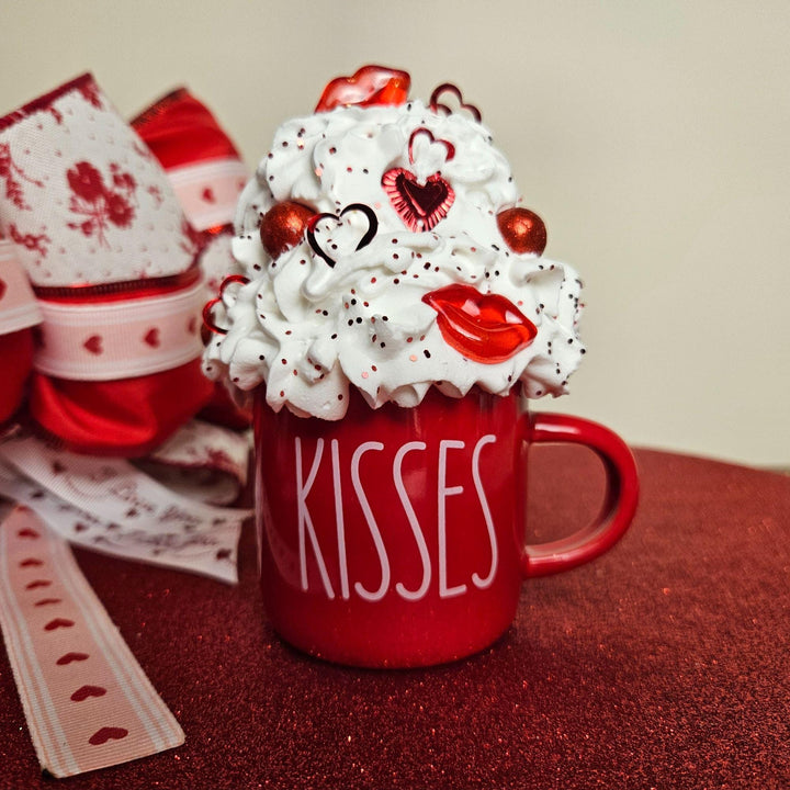 KISSES Valentine Fake Bake Mug Decor | Faux Whipped Cream Mug | Coffee Bar Decor | Tiered Tray Valentine Display | One of a Kind Gift