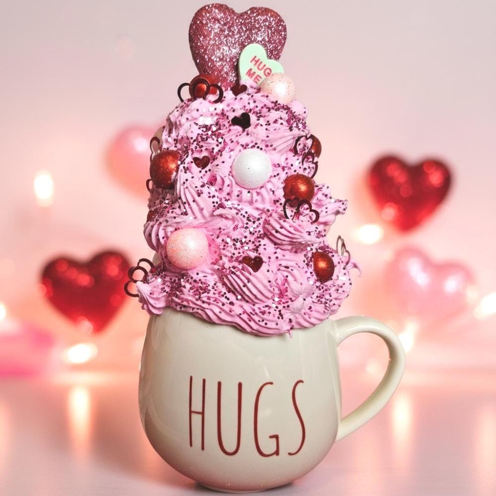 Pink whipped cream dessert with heart-shaped decorations on a mug labeled 'HUGS' against a heart-themed background.