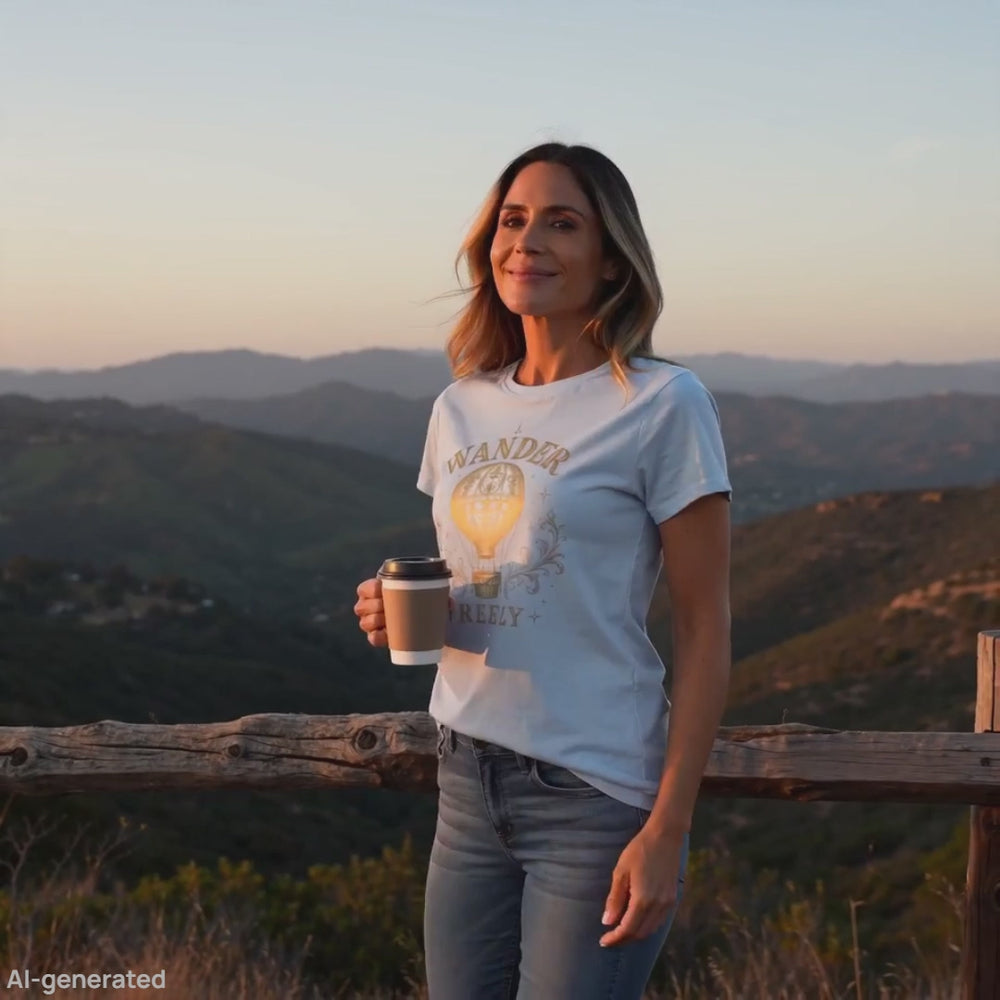 Video of woman wearing Wander Freely tshirt holding a cup of coffee