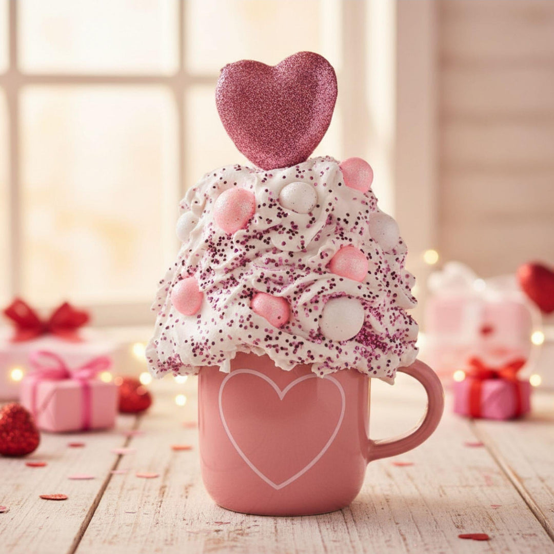 Pink mug with heart design filled with a dessert topped with a heart, surrounded by festive decorations.