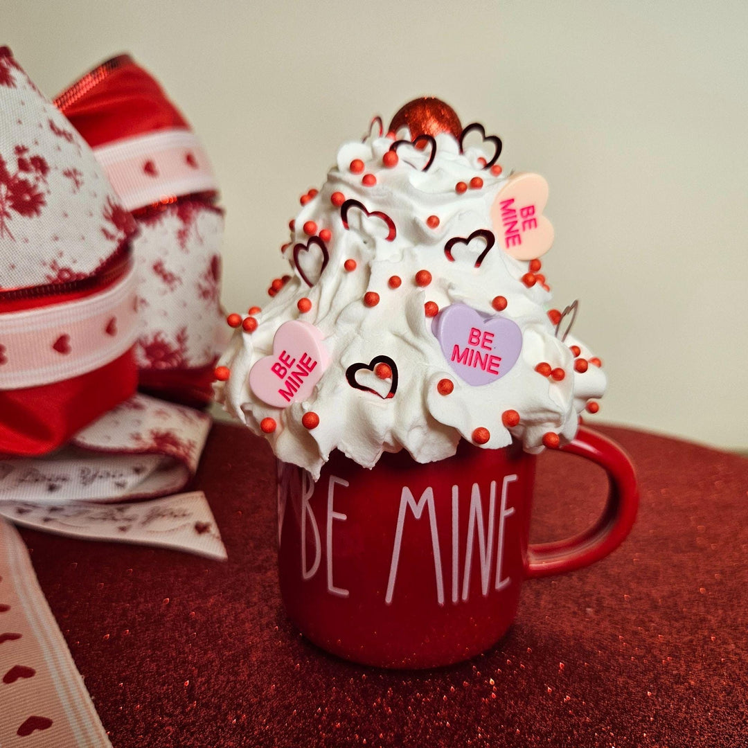 BE MINE Valentine Fake Bake Mug Decor  Candy Heart Coffee Bar Decor  Faux Whipped Cream Mug | Romantic Tiered Tray Decor  One of a Kind Gift