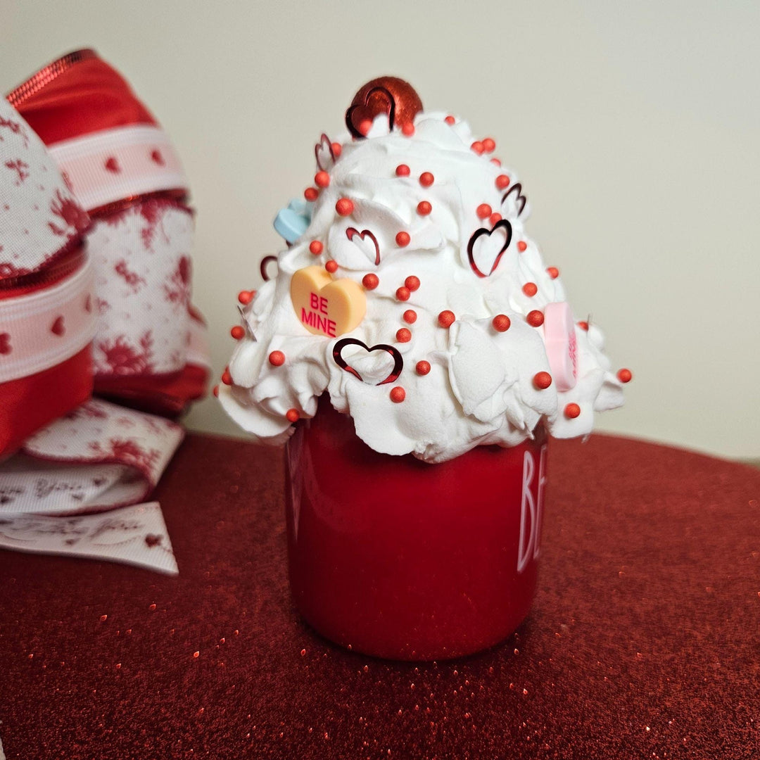BE MINE Valentine Fake Bake Mug Decor  Candy Heart Coffee Bar Decor  Faux Whipped Cream Mug | Romantic Tiered Tray Decor  One of a Kind Gift