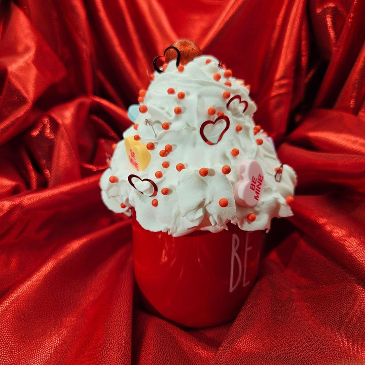 BE MINE Valentine Fake Bake Mug Decor  Candy Heart Coffee Bar Decor  Faux Whipped Cream Mug | Romantic Tiered Tray Decor  One of a Kind Gift